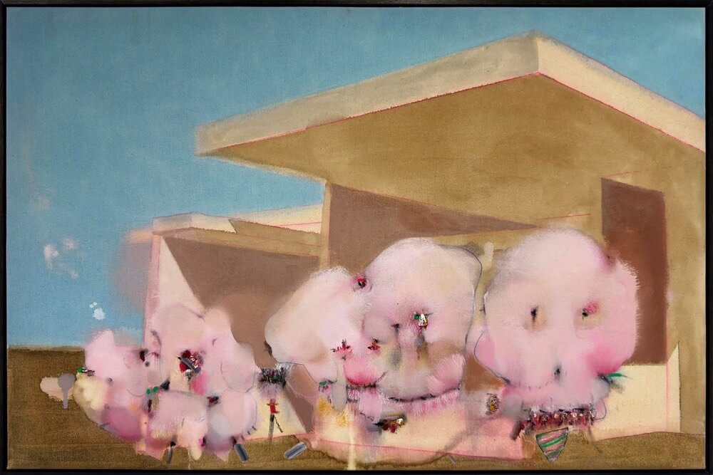 Membrana III, 2024 light pink organic creatures in front of building