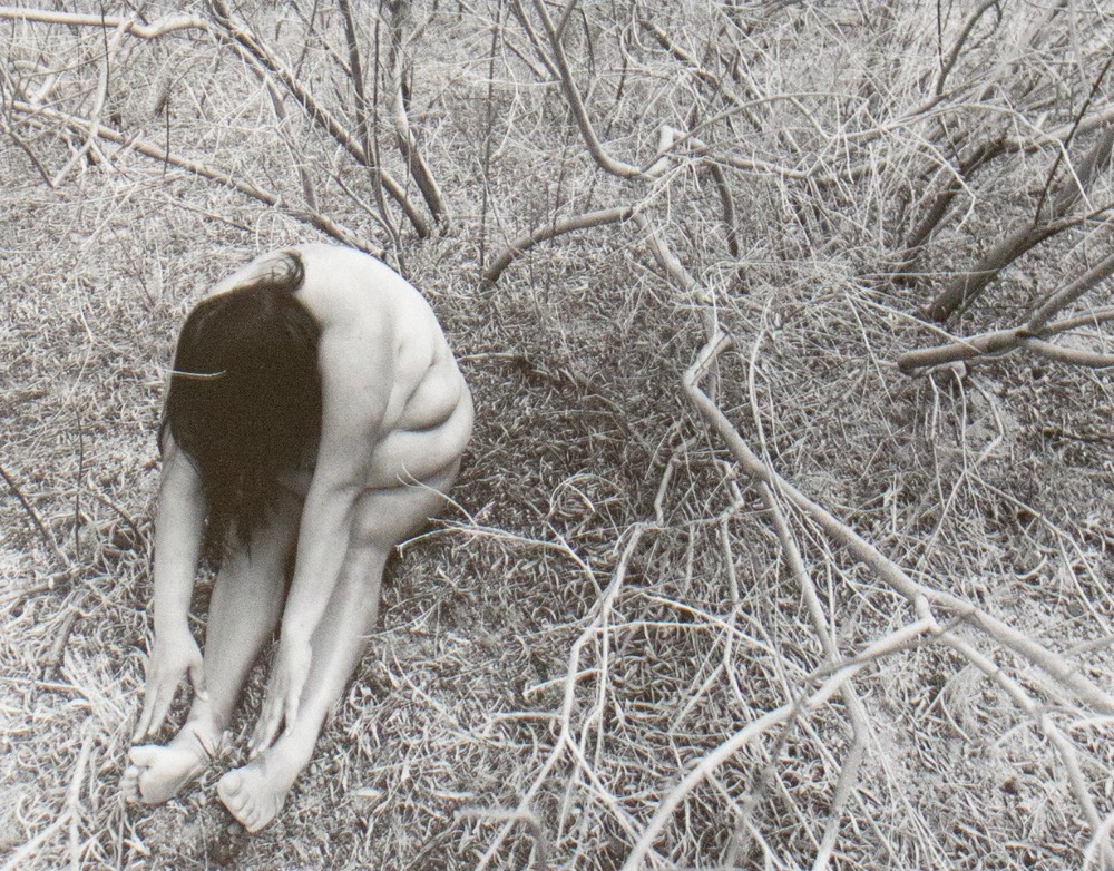 Stillness #31 nude women sitting leaning forward surrounded by branches in black and white