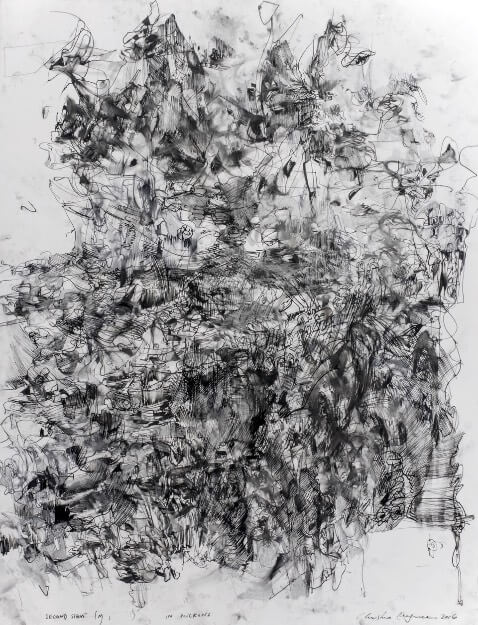 Second Sight overlapping ink in expressive lines against white paper