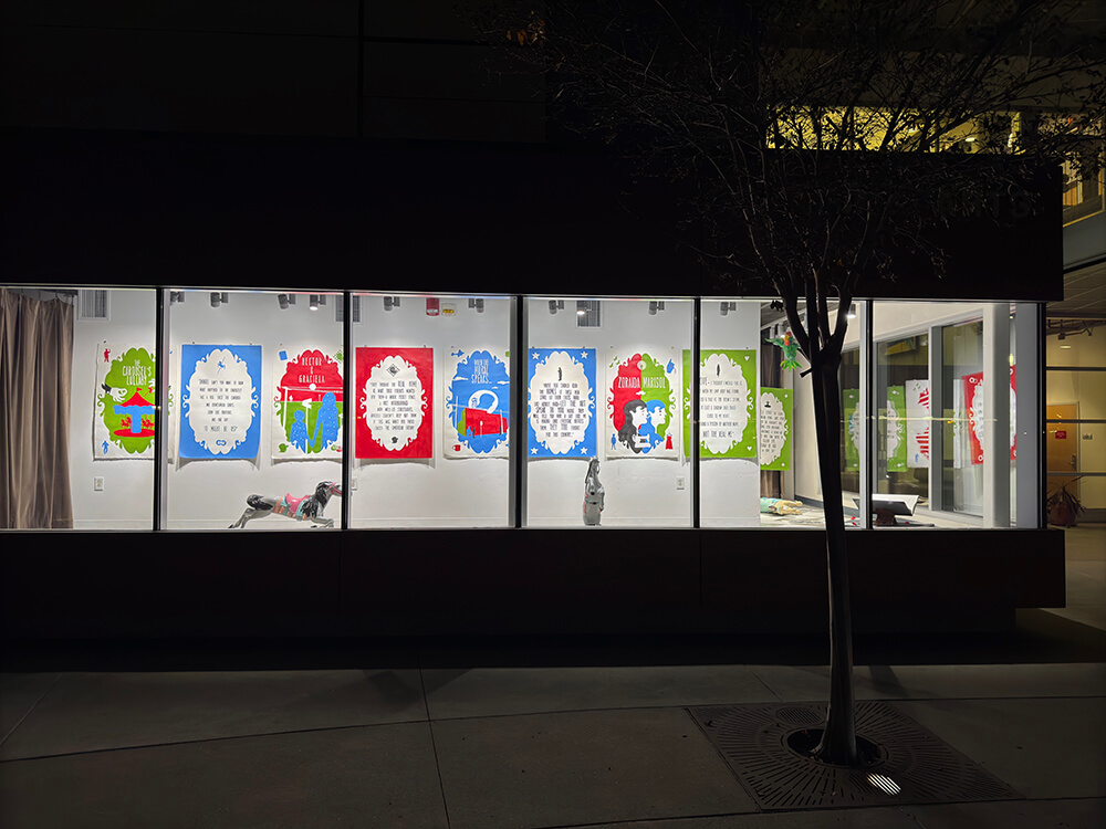 Window display with colorful prints