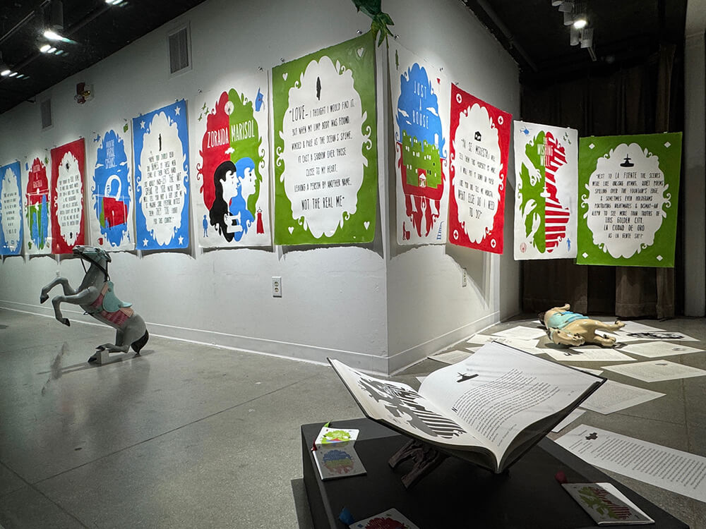 Window display with colorful prints
