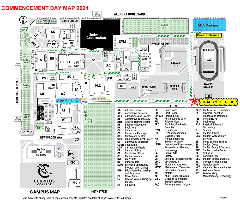 map of campus pointing out grad meet spot and guest entrance