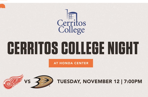 Cerritos College night at Honda Center Tuesday, November 12, 7 p.m.