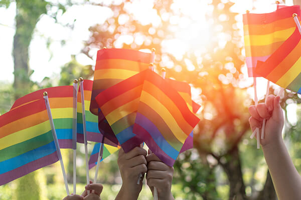 Hands holding rainbow flags