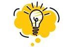 Illustration of a glowing light bulb with radiating lines on a yellow cloud-shaped background, symbolizing an idea.