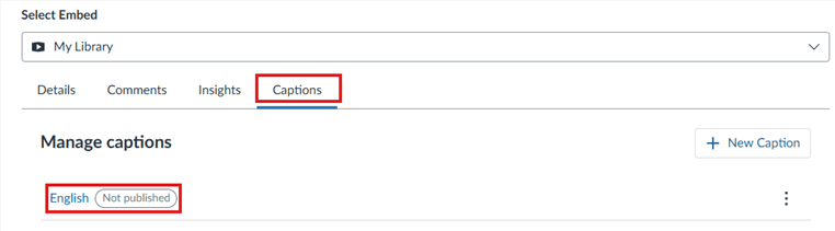 Manage captions screen with the Captions tab highlighted and an English caption marked "Not published" highlighted.
