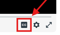 Video player controls with a red arrow and box highlighting the CC (closed captions) button beside settings and fullscreen.
