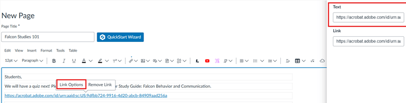 Add links by highlighting word and click link options.