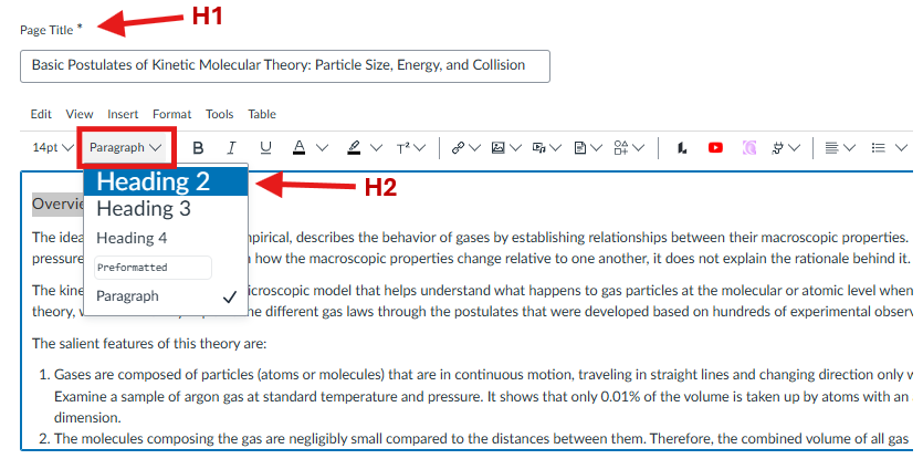 Page editor showing Page Title as H1 and the Paragraph menu open with Heading 2 selected for the Overview heading as H2.