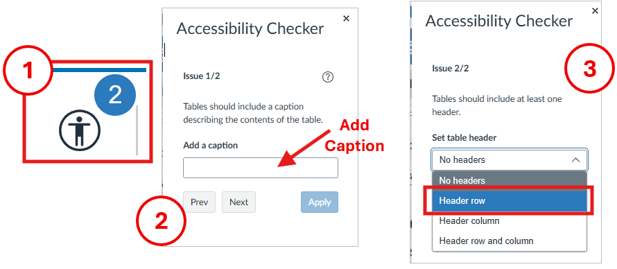 Using the accessiblity checker with add caption and set table header under Tables.