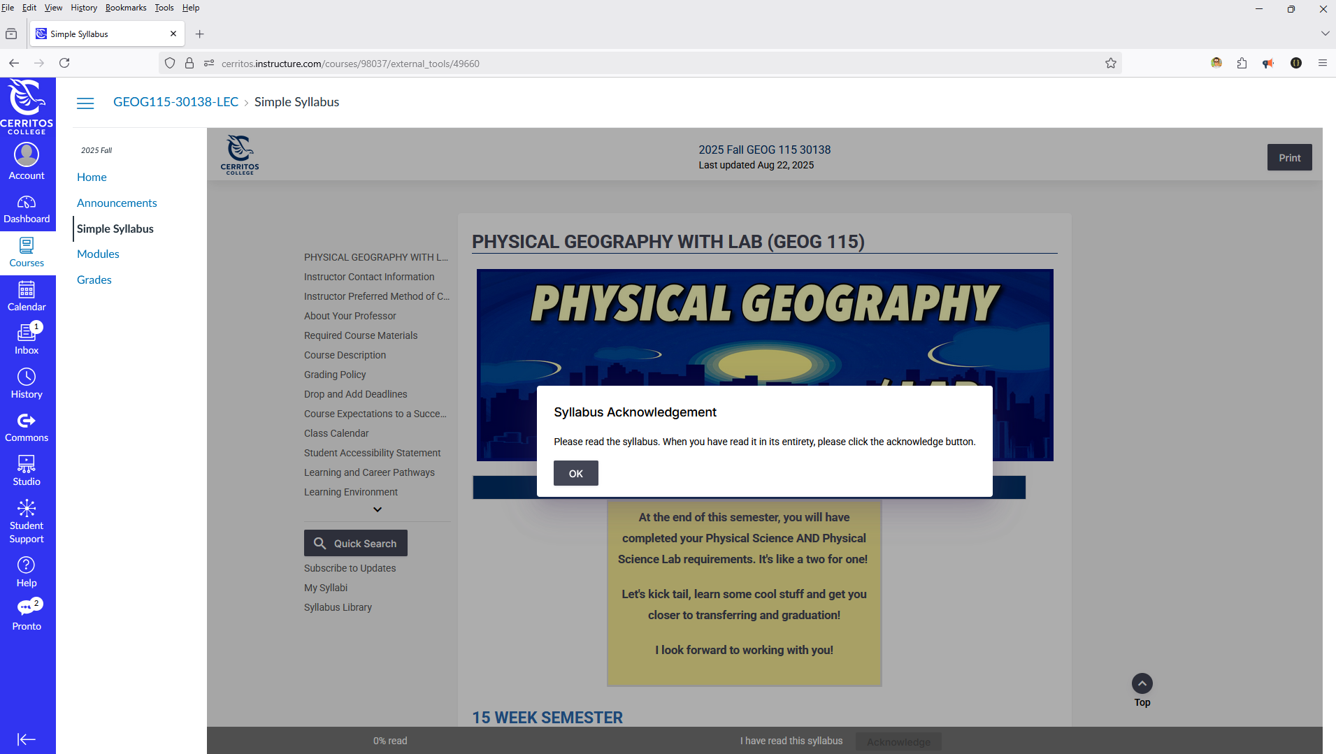 Acknowledgement message within Canvas