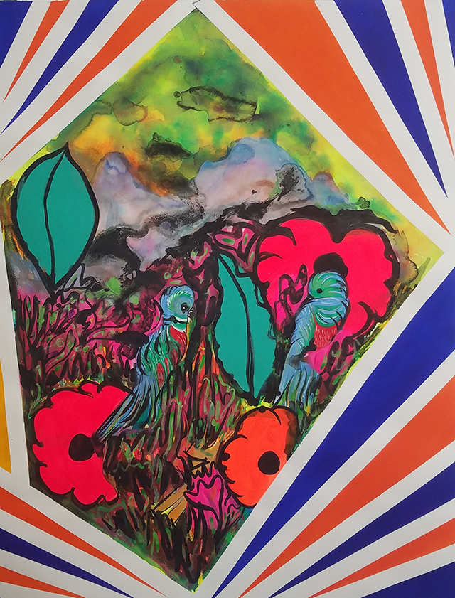 A colorful scene of tropical flora and fauna.