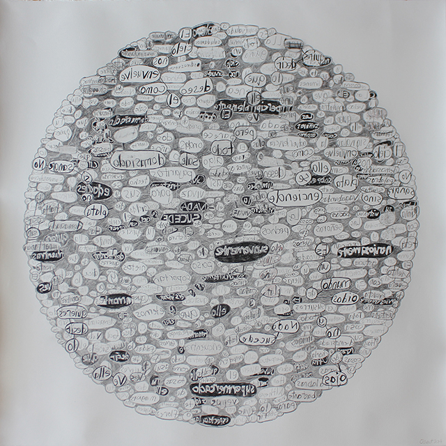 A circle filled with inverted and mirrored text bubbles.