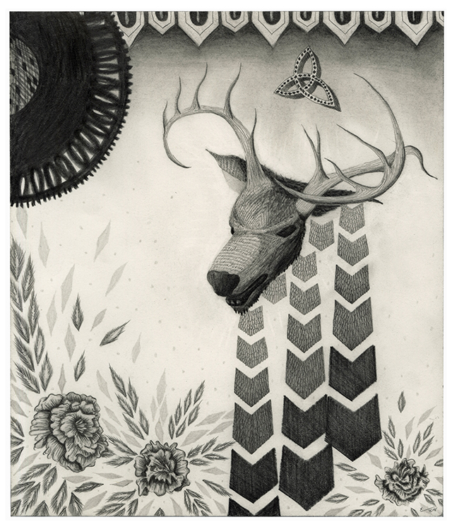 A deer mask and geometric shapes.