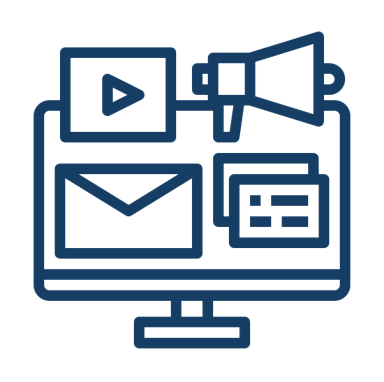 Symbols of various communication modes such as video, megaphone, email, paper.