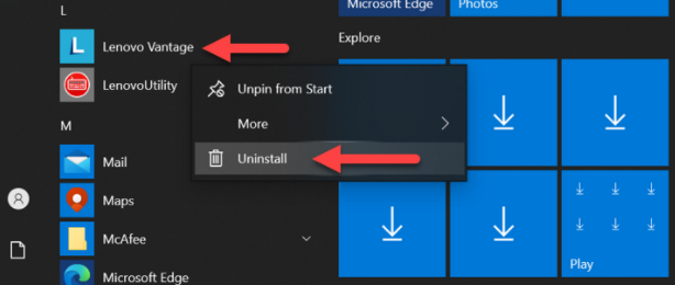 Uninstall from the start menu through a right click