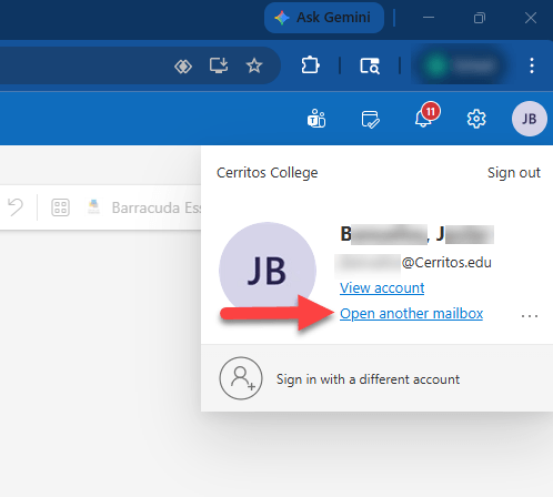 Outlook 365 user interface with profile options. A red arrow is pointing to the "Open another Mailbox" link.