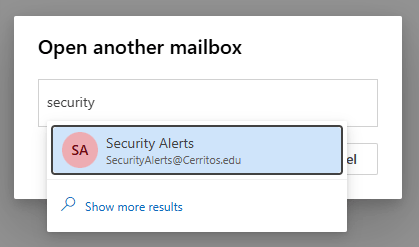 Outlook 365 user interface. The "Open another mailbox" dialog box. An example email is in the mailbox field.