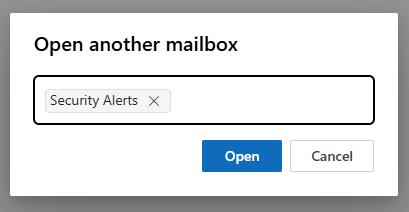 Outlook 365 user interface. The "Open another mailbox" dialog box. An example email is in the mailbox field. The "Open" and "Cancel" buttons are visible.