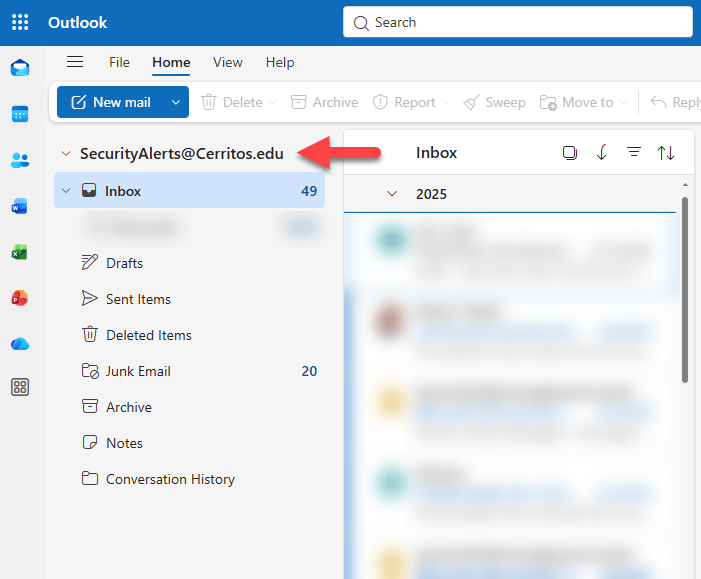 Outlook 365 user interface with the new shared mailbox folder added to list of mailboxes.