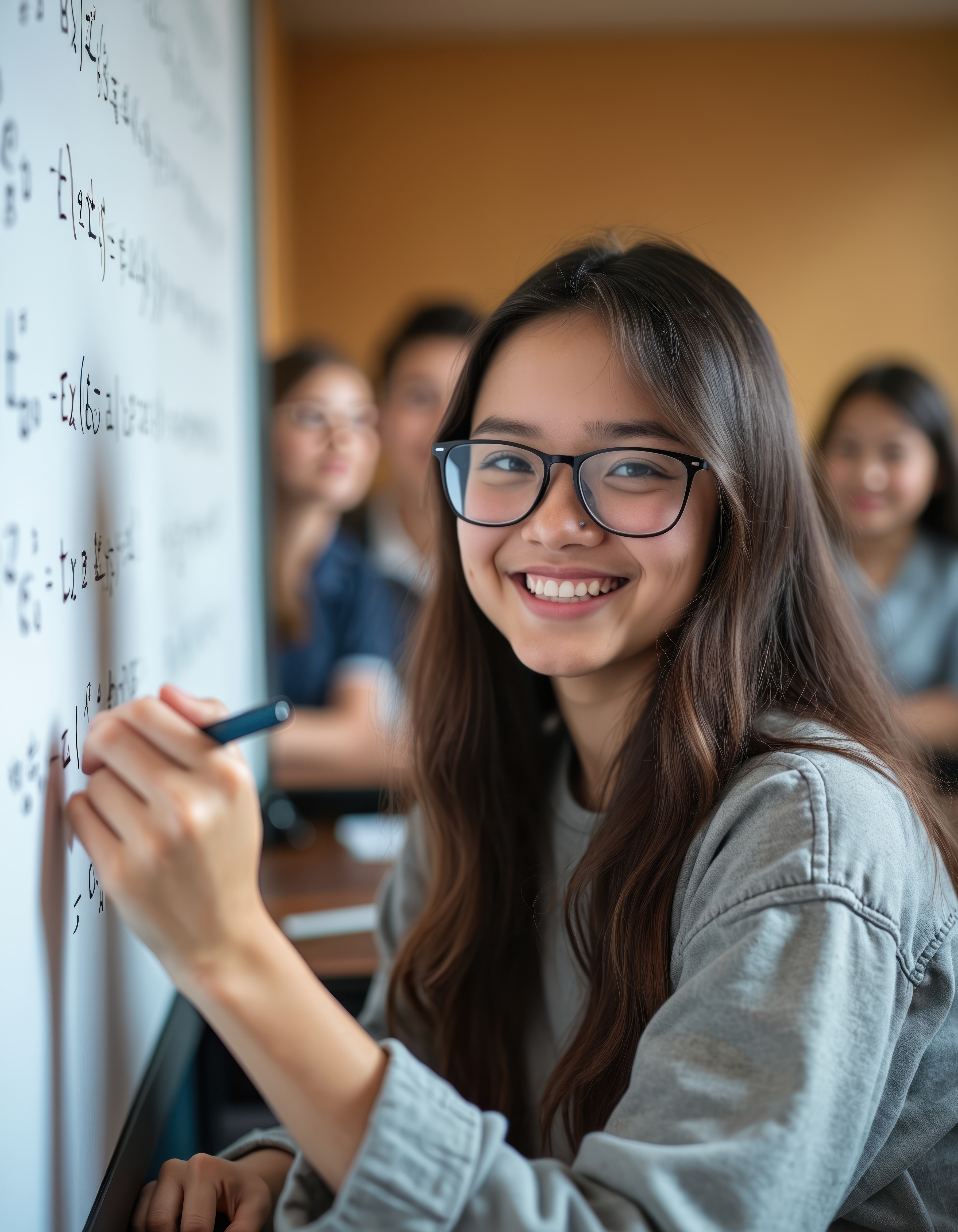 student smiling while looking away from the drawing board full of math equations
