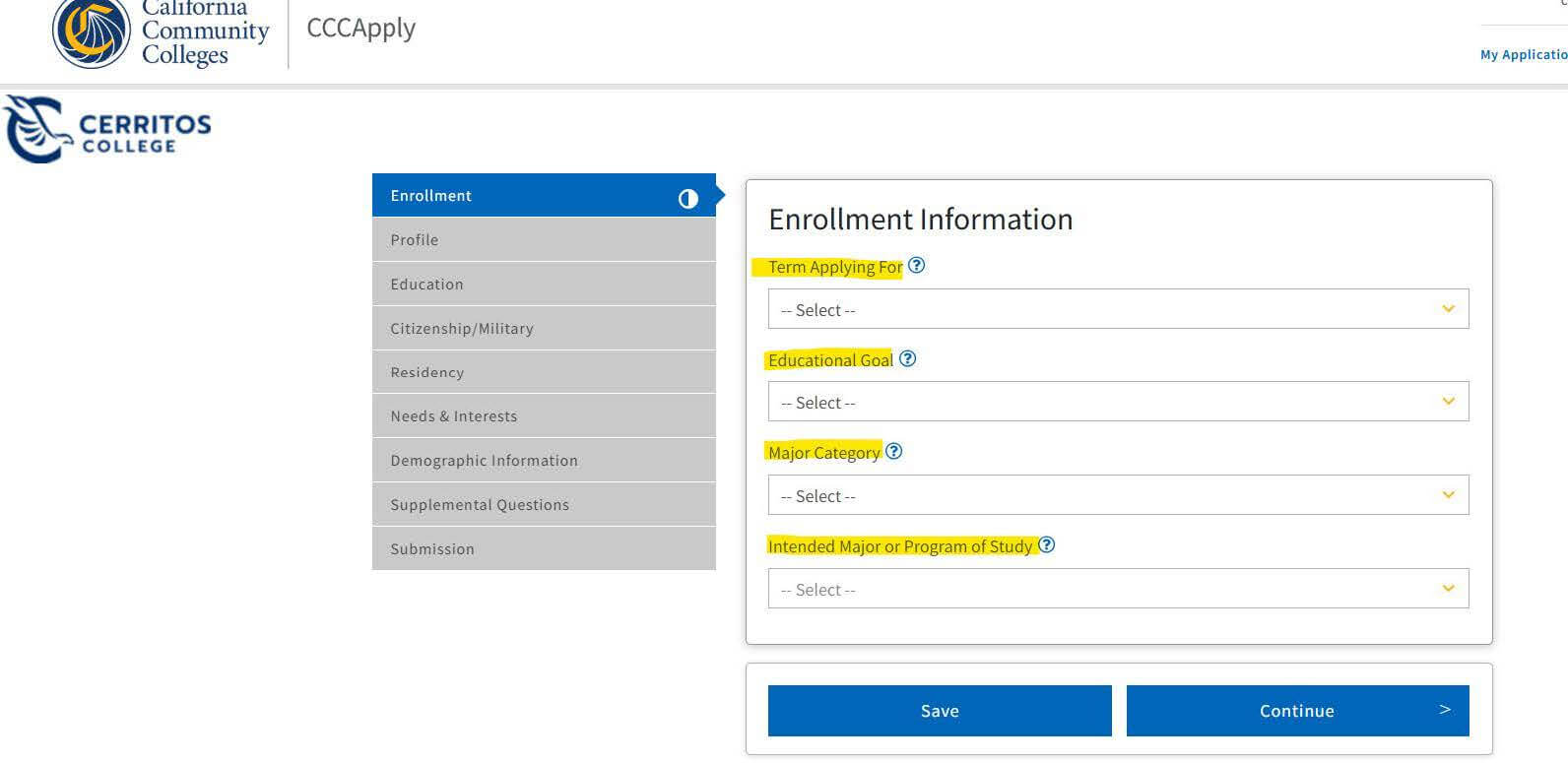 Screenshot of California Community Colleges Application process showing the Enrollment Information fields