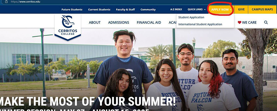Screenshot of the Cerritos College homepage with the Apply menu opened