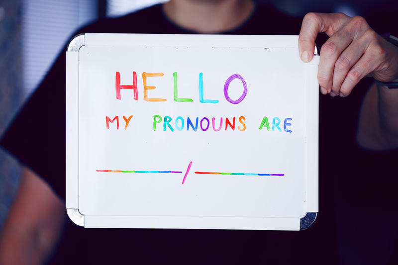 Individual holding a sign that says, "Hello, my pronouns are _ and _"