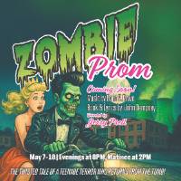 Zombie and prom queen on a motorcycle "Zombie Prom" as title