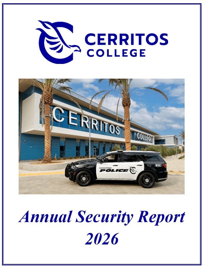 Cerritos College 2026 Annual Security Report cover: logo and police SUV outside a campus building with palms.