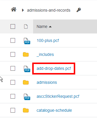 List of website files and folders in the Admissions and Records website