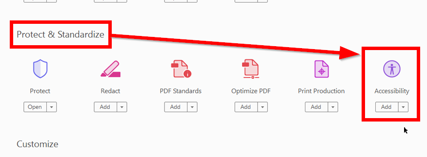 "Accessibility" tool option highlighted under "Protect and Standardize" section.