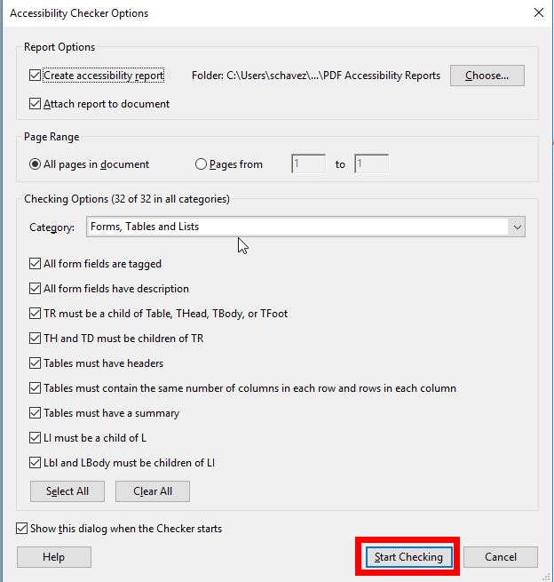 "Start Checking" button highlighted.