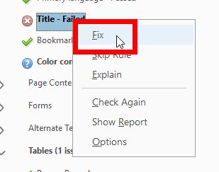 Adobe Acrobat Accessibility Report - Short-cut menu displayed