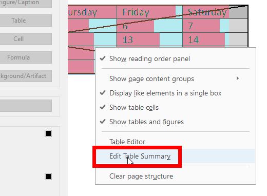 Table Summary option highlighted