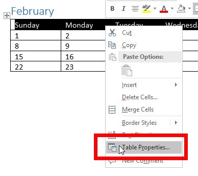 Short-cut table menu in Microsoft Word