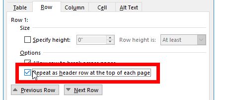 Table properties Row tab dialog box