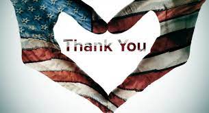 Hands with American flag imposed on them with the words "Thank You" in the middle