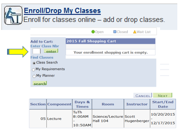 mycerritos - enroll/drop classes screen