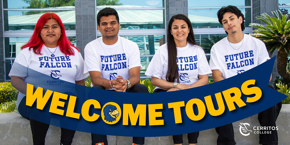 Welcome Tours Banner 4 students sitting with Future Falcons Shirts on