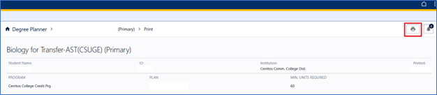 Print button highlighted in Degree Planner