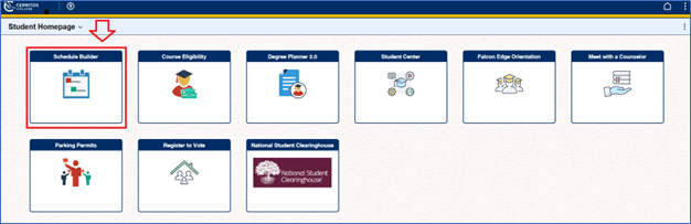 MyCerritos Portal with the Schedule Builder tile highlighted