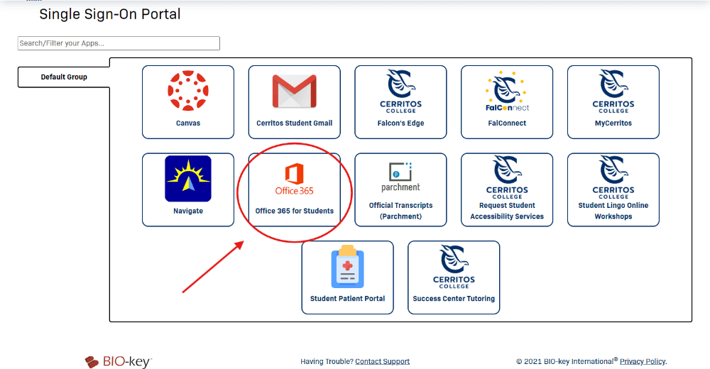 Single Sign on portal home page displaying multiple application tiles with a circle around the tile labeled Office 365 for Students.