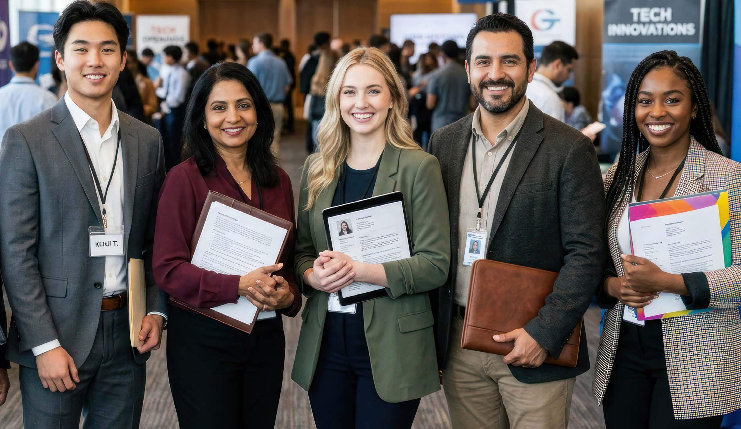 Five professionally dressed individuals smiling at a student employment career fair event.