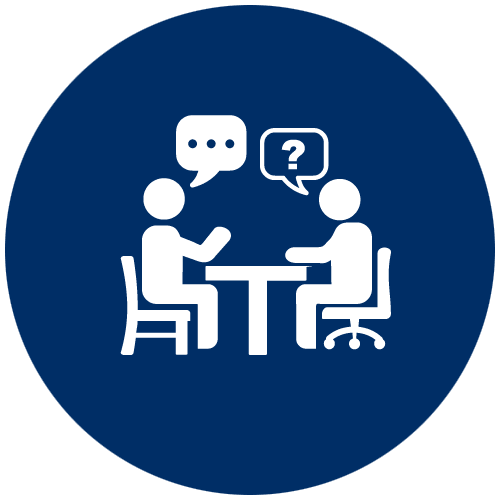 White icon inside a blue circle showing two people sitting at a table across from each other, with conversation and question mark speech bubbles above them.