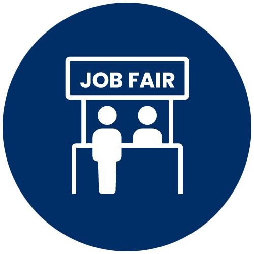 White icon inside a blue circle depicting two people at a booth beneath a sign that reads "JOB FAIR"