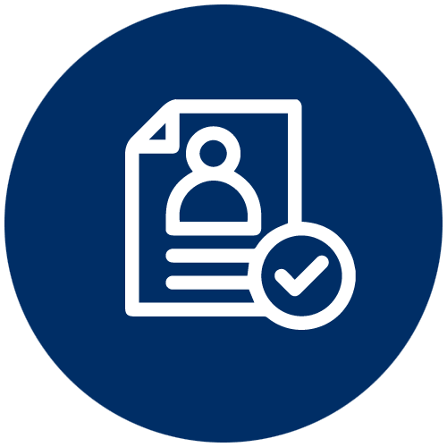 White icon inside a blue circle featuring a resume document with a user profile picture and a prominent checkmark badge.