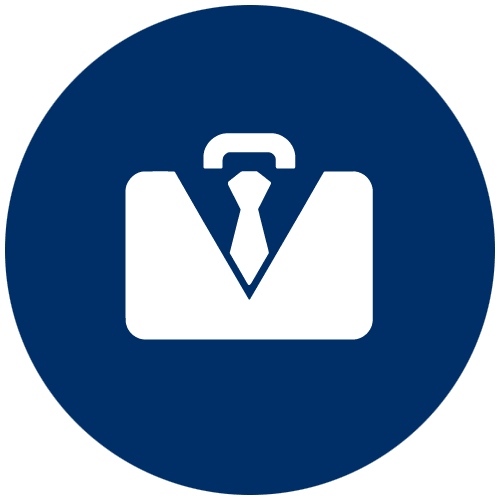 White icon inside a blue circle featuring a suit jacket and tie in a briefcase shape.