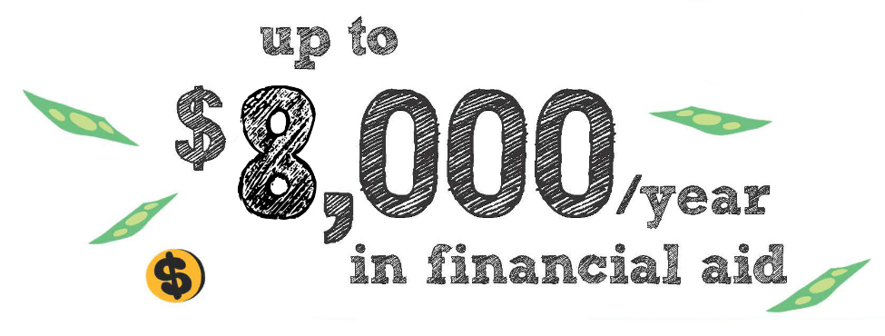 Up to 8,000/year in financial aid, dollar bills, dollar sign