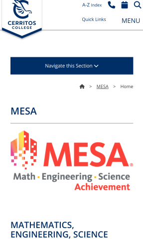 Mobile MESA website before clicking blue bar Navigate this Section